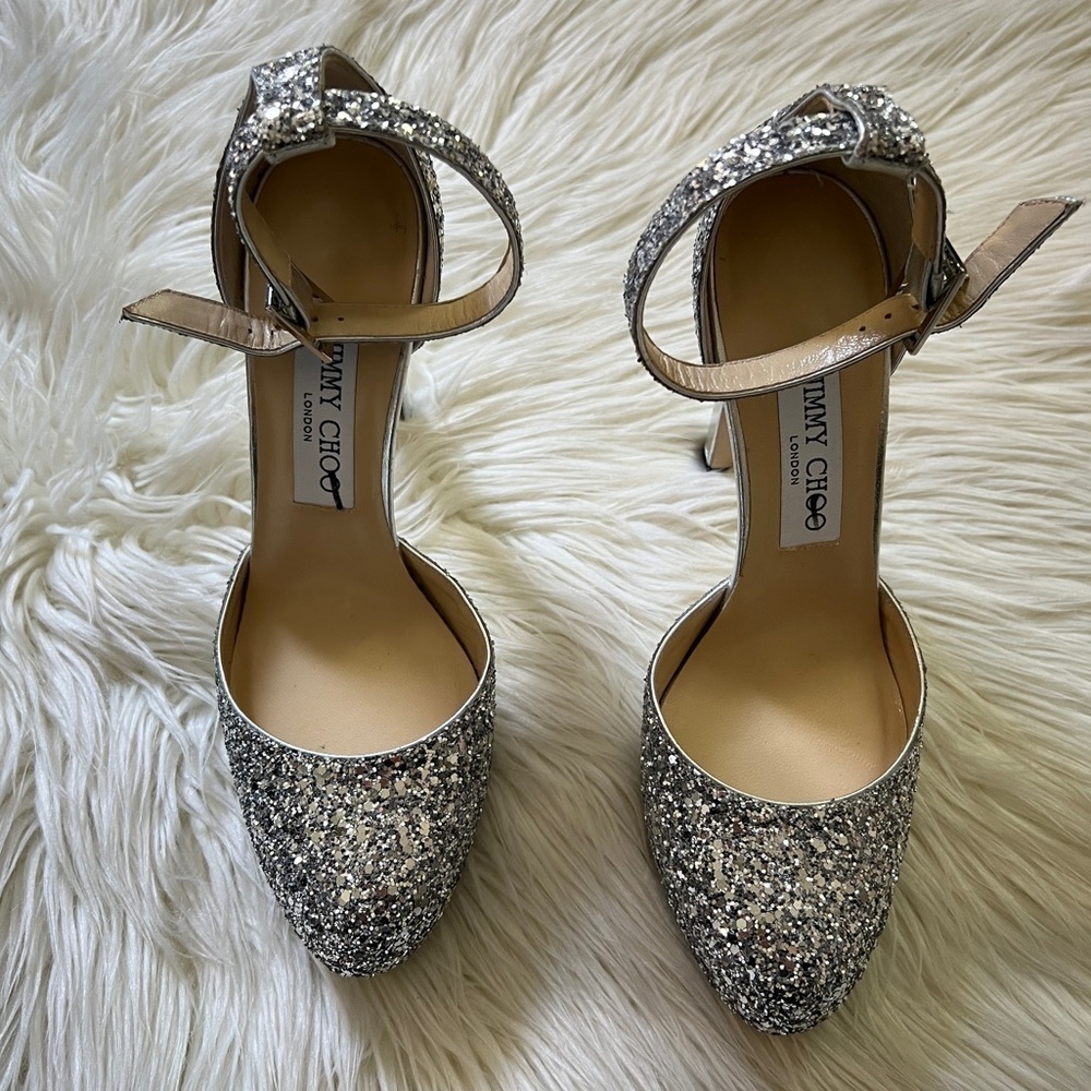 Jimmy Choo Metallic Silver Glitter Platform Heels - Picture 2 of 6